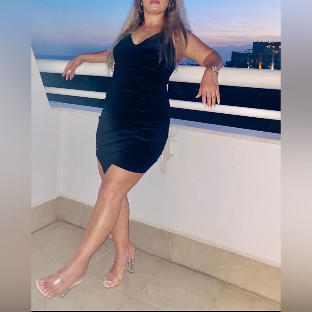 Black velvet dress with half laced half see through back